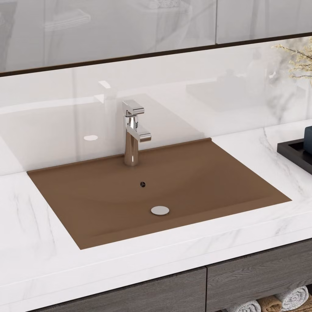 The Living Store Lavabo con foro per rubinetto crema opaco 60x46 cm in Vetroceramica