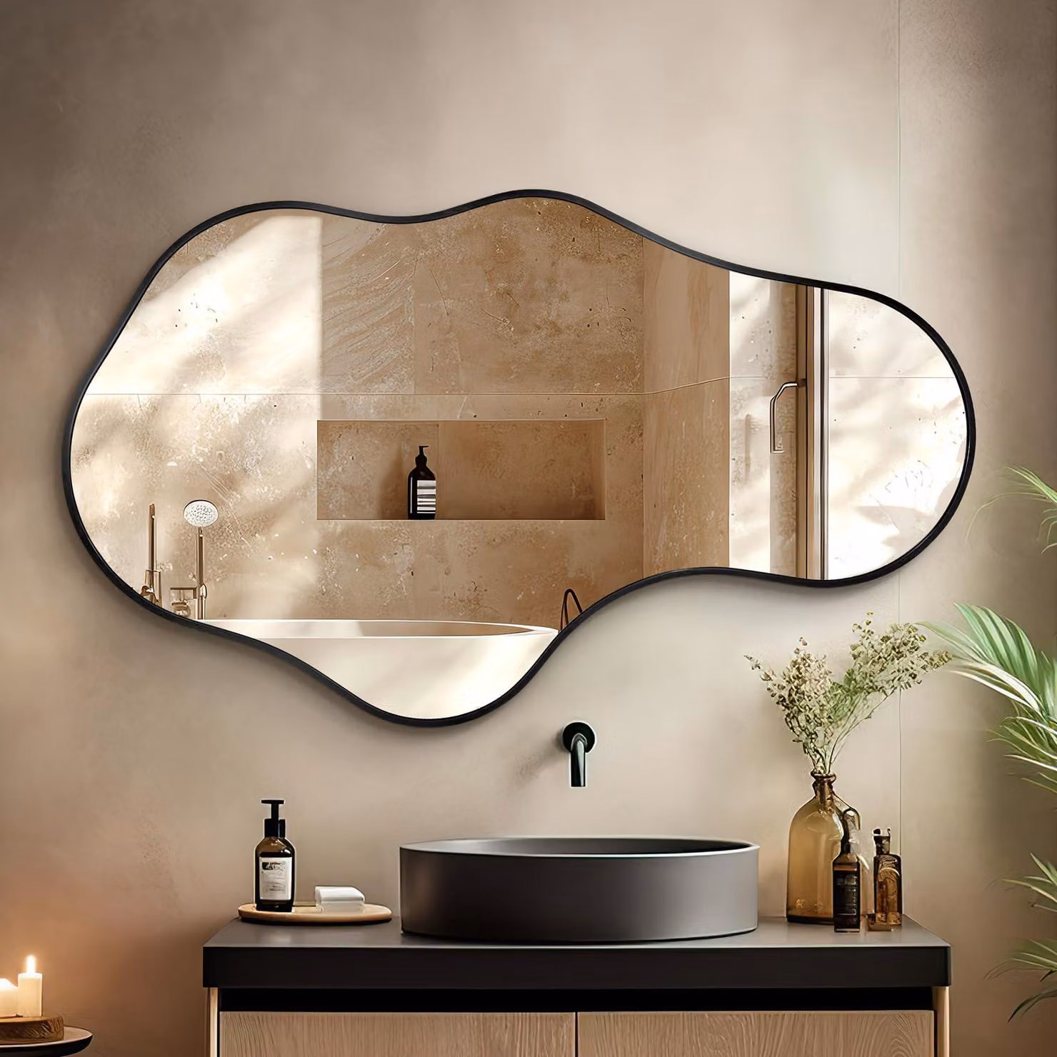 Specchio da parete a forma di onda, design astratto, cornice in alluminio, 130x80 cm
