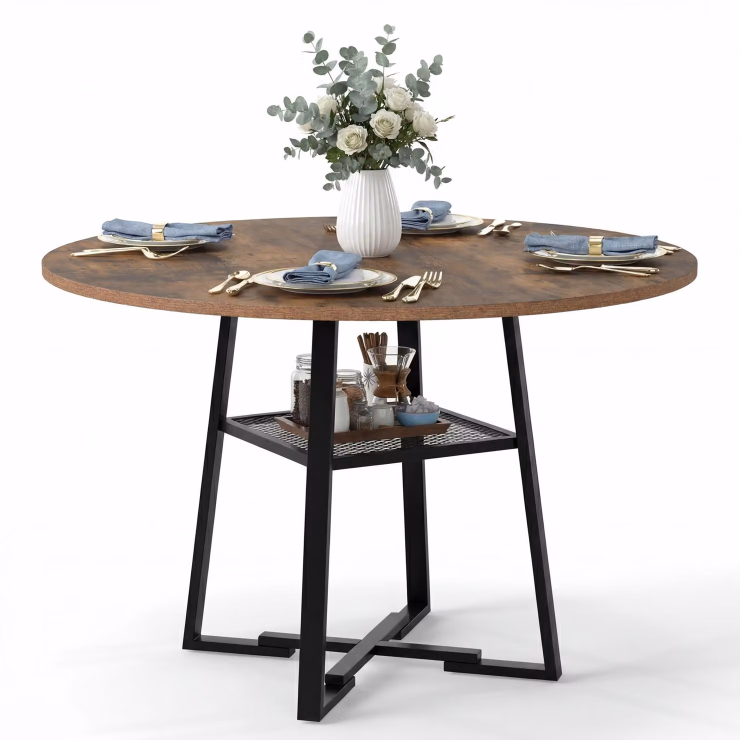 KOMFOTTEU Tavolo rotondo da pranzo, 120 cm, tavolo da pranzo con ripiano aperto per 4-6 persone, tavolo da cucina in stile industriale con piano in legno effetto legno e gambe in metallo, tavolo per sala da pranzo, cucina e soggiorno, colore marrone rusti