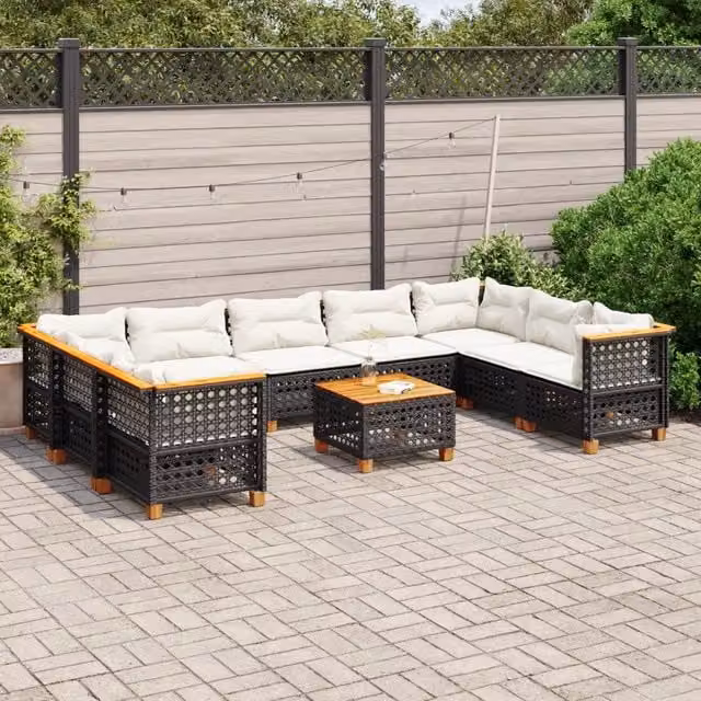 vidaXL Set di Divani da Giardino a L con Cuscini in Polyrattan e Legno di Acacia, Colore Nero e Bianco – 1