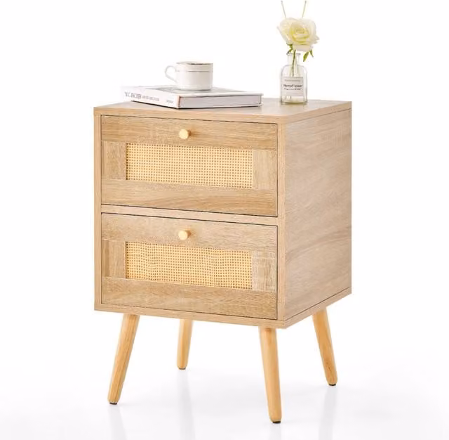 Comodino in rattan con 2 cassetti gambe in legno massello, Tavolino comodino Boho laterale per soggiorno Naturale