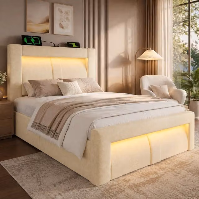 Letto singolo 90x200 cm con contenitore idraulico; LED; USB e Type-C; velluto beige
