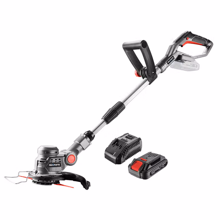 Kit GRAPHITE E+: Trimmer 18V + batteria 2ah + caricabatterie, tagliabordi a batteria velocità 9000 giri/min, larghezza di taglio 254 mm, regolazione lunghezza impugnatura 1,1-1,4 m