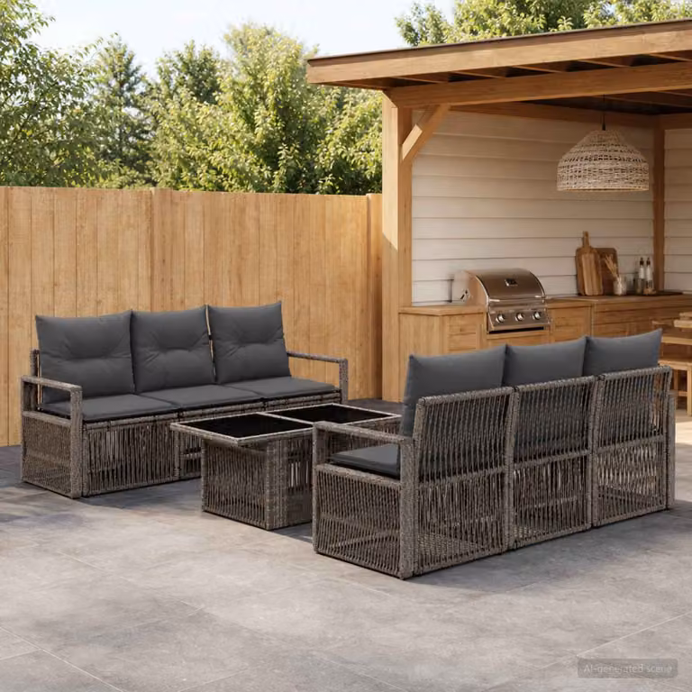 Set Divano da Giardino vidaXL 7 pz in Polyrattan Grigio e Antracite con Cuscini e Tavolino