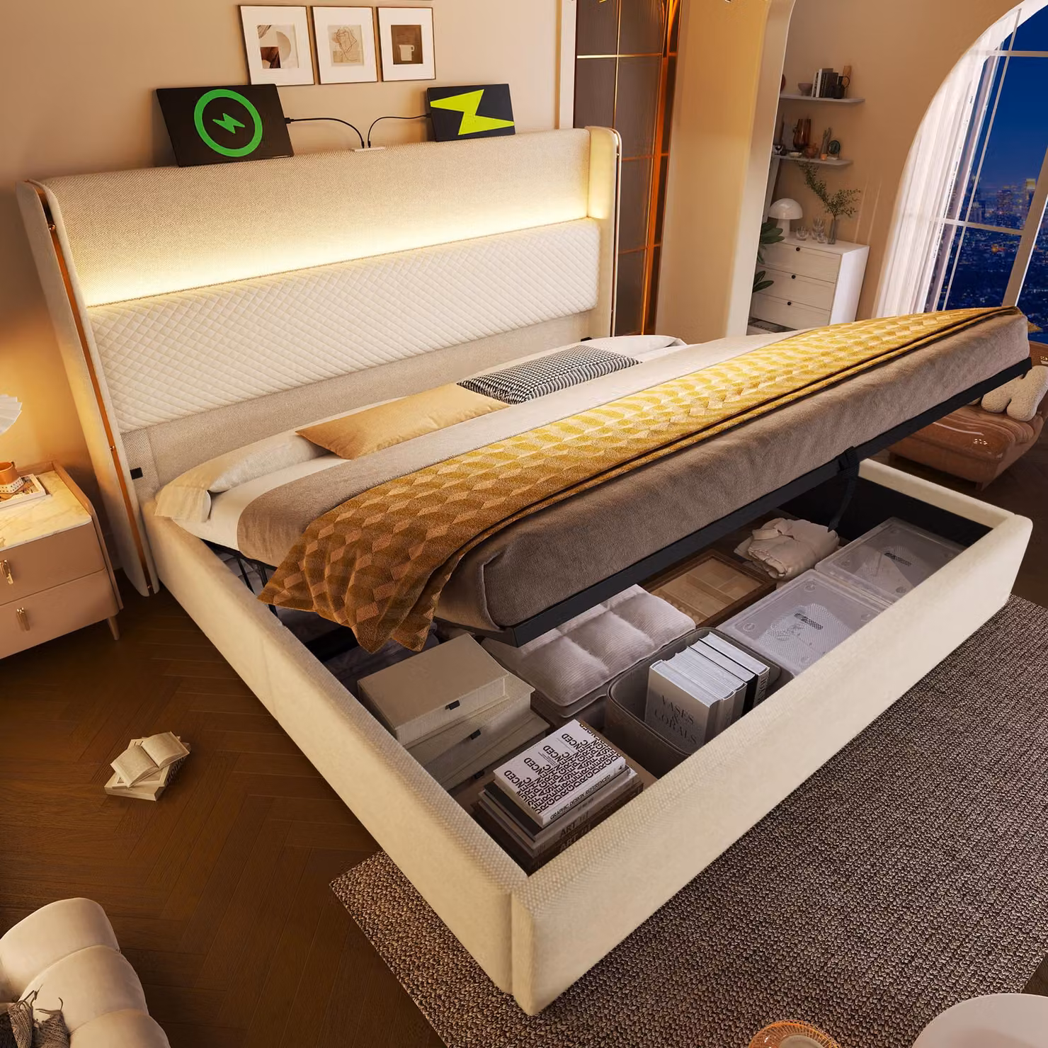MODFU Letto matrimoniale senza materasso 180x200, letto con illuminazione a LED e porte di ricarica, con testata alta, letto funzionale con spazio di archiviazione, beige