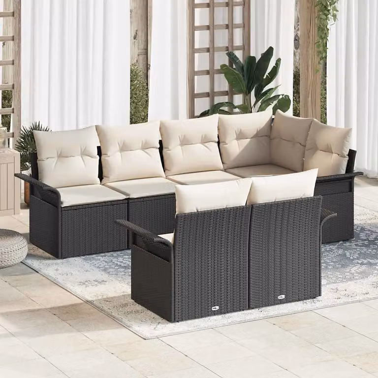 Set Divano da Giardino vidaXL 7 Pezzi a Forma di L in Polyrattan Nero con Cuscini e Tavolino da Esterno