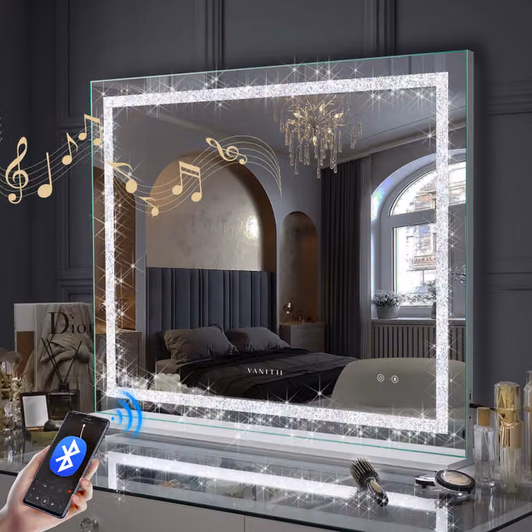 VANITII Hollywood specchio per il trucco 100cm x 80cm con illuminazione a LED 3 modalità di luce cristalli specchio per il trucco Bluetooth per il bagno tavolo da toilette Bianco