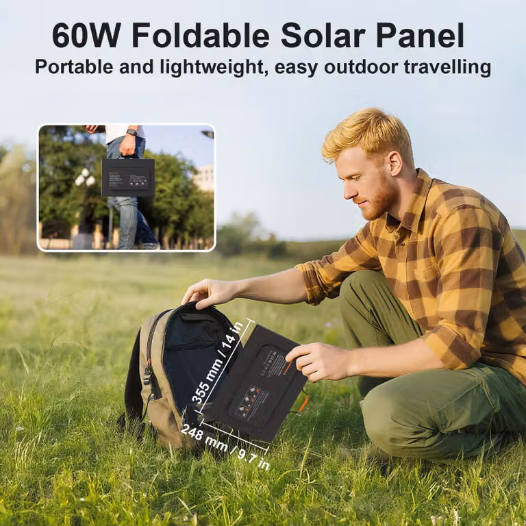 Pannello solare portatile per campeggio e viaggi - Potenza: 60W - Pieghevole - Silicio monocristallino