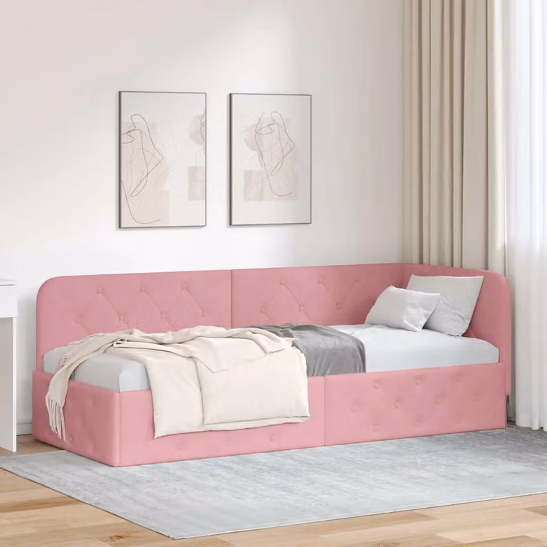 Cornice del letto ad angolo asimmetrica vidaXL in velluto rosa, L: 200 cm, P: 80 cm, H: 72 cm