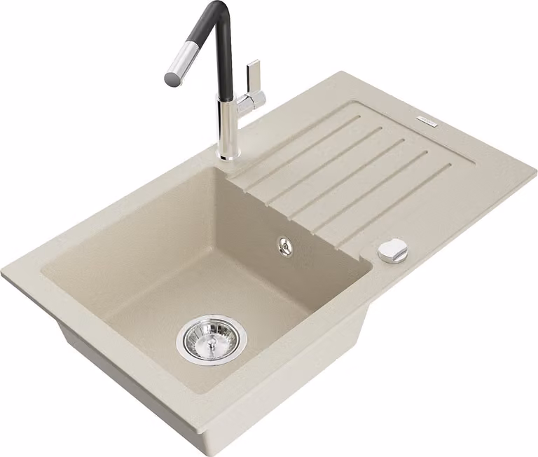 Mexen Pablo lavello in granito a 1 vasca con scolapiatti e rubinetto cucina Flora, beige - 6510-69-670401-07