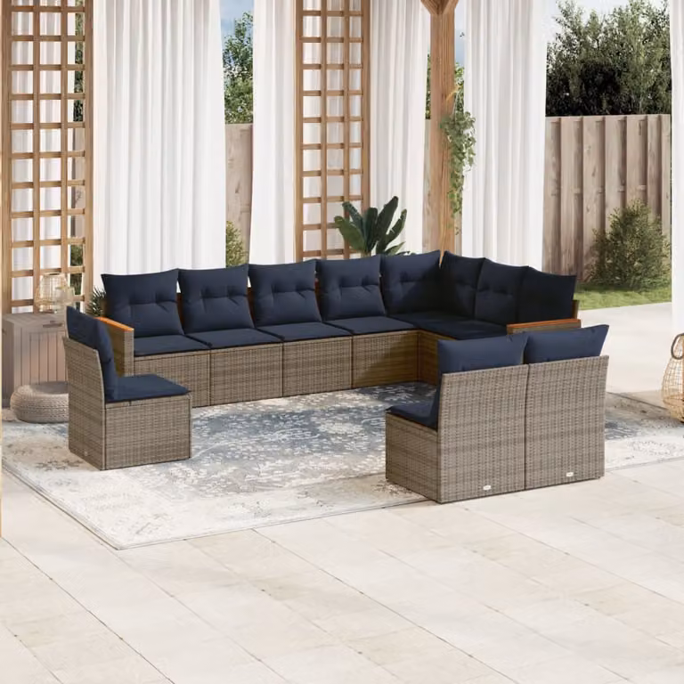 Set di divani da giardino vidaXL in polyrattan grigio con 10 pezzi, componibile a forma di L con cuscini inclusi e struttura in metallo