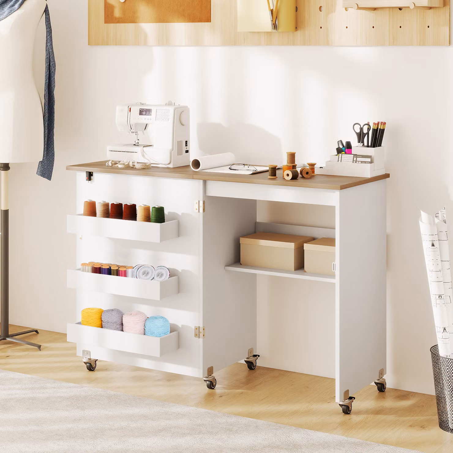 Costway Carrello per artigianato con ripiano e contenitori per camera da letto, Tavolo da cucito pieghevole con stazione di ricarica Colorato