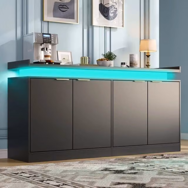 Desviae Credenza con 4 ante e LED RGB controllabile tramite app in MDF nero per cucina e soggiorno 160 × 39 × 83 cm