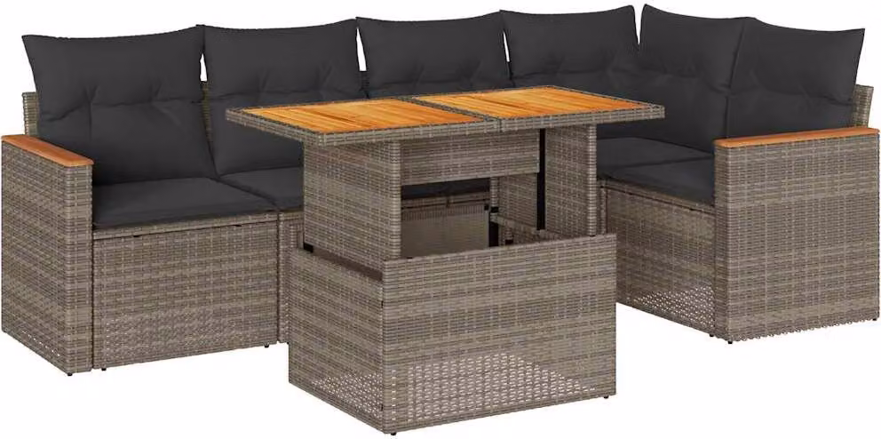 Set Divano da Giardino 6pz con Cuscini Grigio Polyrattan Acacia