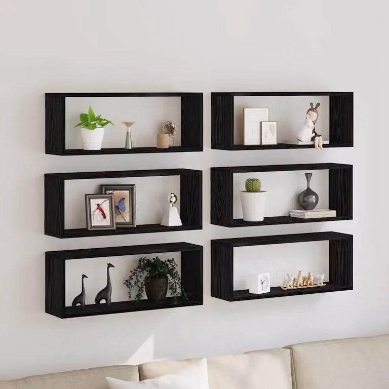 Set di 6 scaffali da parete moderni vidaXL in MDF, colore nero e rovere, L 60 x P 15 x H 23 cm