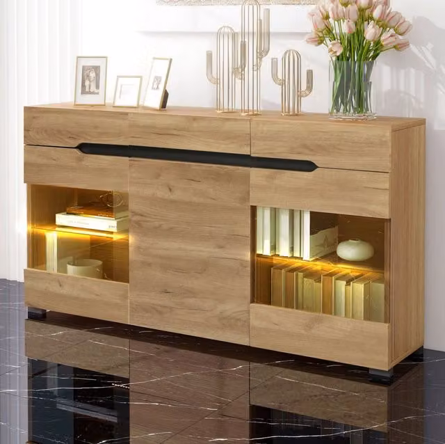Credenza moderna in rovere marrone con illuminazione LED integrata, 3 armadi e 3 cassetti, L: 140 cm, H: 80 cm, P: 35 cm