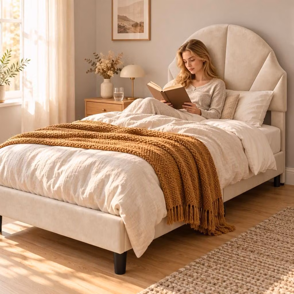 Letto imbottito INONEFT, 90x200 cm, singolo con poggiatesta regolabile in altezza, letto per bambini con rete a doghe, letto singolo imbottito, letto per adolescenti, tessuto velluto, color beige