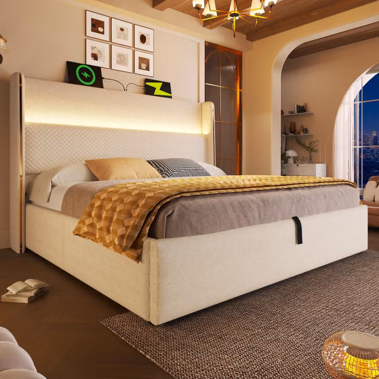 Letto imbottito okwish 140×200 con contenitore, letto matrimoniale con luci a LED e prese di ricarica, letto per ragazzi con testiera alta, beige, senza materasso
