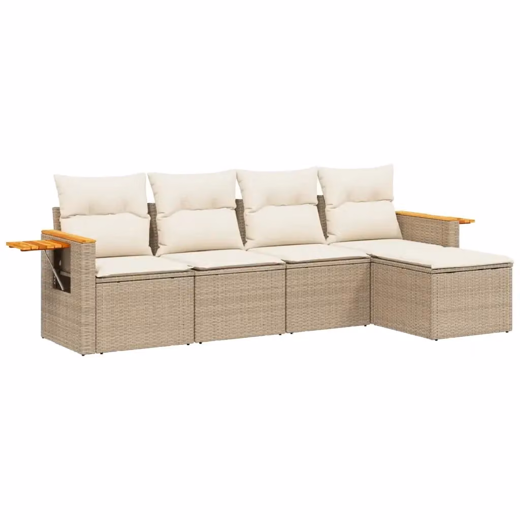 vidaXL Set Divano da Giardino 5 pz a L in Polyrattan con Cuscini Beige e Struttura in Legno di Acacia – 2