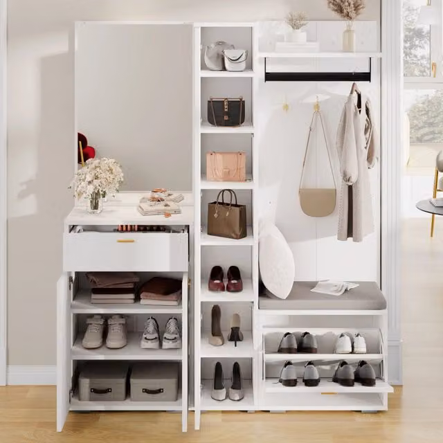 Set di mobili da ingresso con specchio; appendiabiti; 3 ante e scarpiera a ribalta bianco 150 × 36 × 180 cm