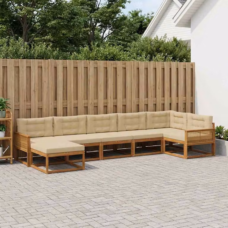 Set di divani da esterno a L vidaXL in legno di acacia con cuscini, 7 pezzi, Beige e Marrone