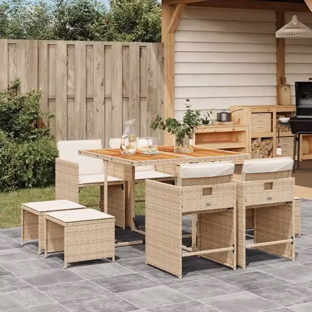Set da Pranzo da Giardino 9 pz con Cuscini Beige in Polyrattan 3211144