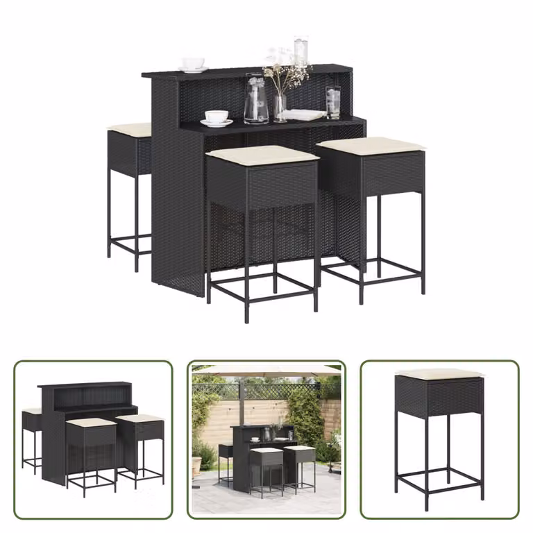 The Living Store Set bar da giardino 5 pezzi con cuscini in poly rattan nero