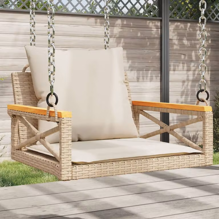 Panchina a dondolo vidaXL in polyrattan e legno di acacia oliato con cuscini beige, L 63 cm x P 62 cm x H 40 cm