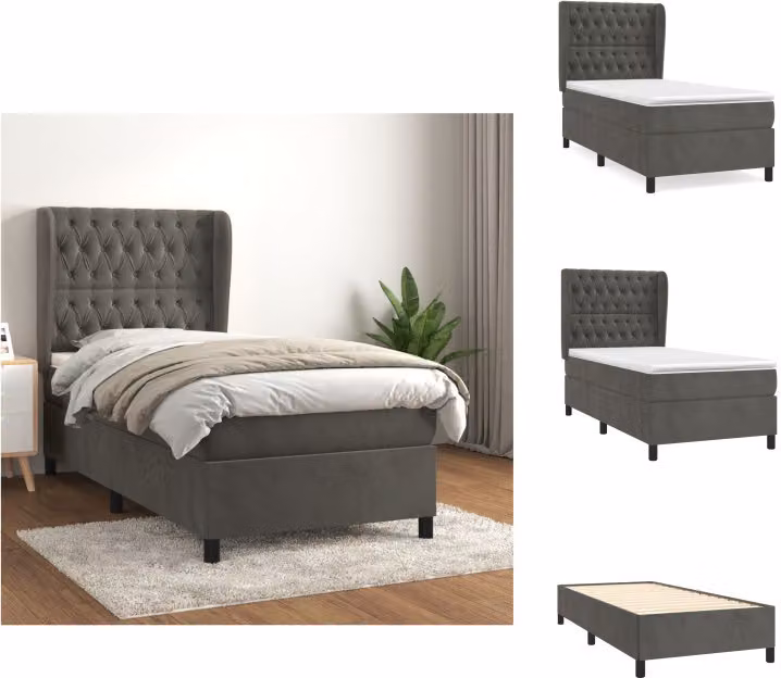 vidaXL Letto a molle con materasso grigio scuro 90x200 cm in velluto - Letti e strutture letto