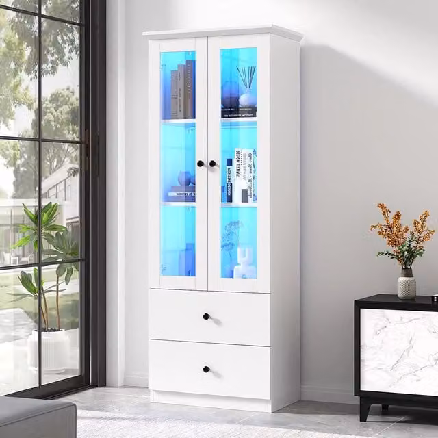 Vetrina moderna LED - Xylo - 165 cm - Bianco opaco - USB, telecomando 16 colori, vetro, 2 cassetti, ripiani regolabili, ante battenti