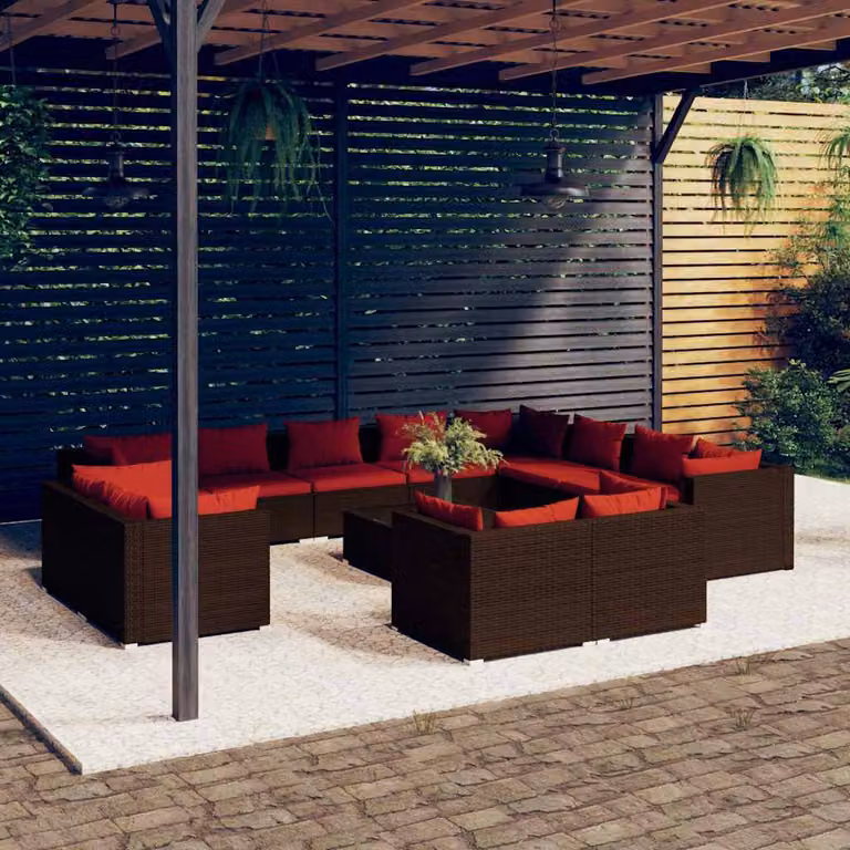 Set di divani da giardino vidaXL 13 pz a forma di U con cuscini e tavolino da esterno marrone e rosso
