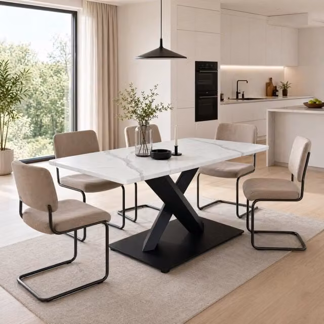 Tavolo da pranzo - rettangolare moderno - base nera a X - MDF bianco marmo - per 6-8 persone