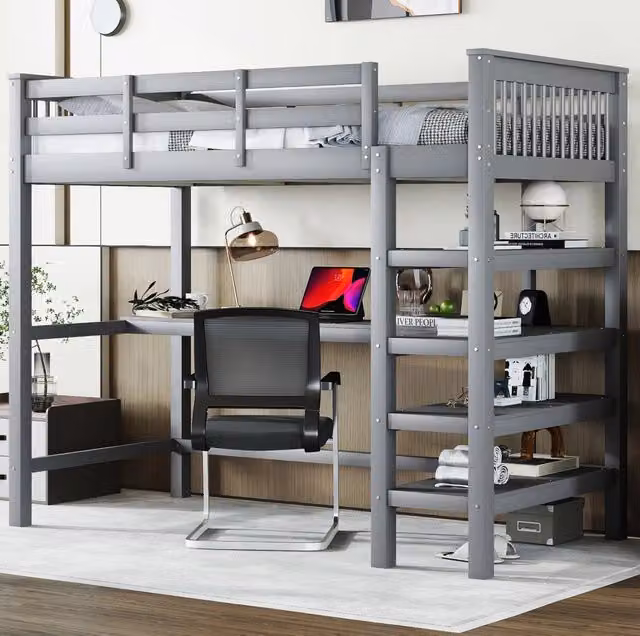 Letto a soppalco ULEVR 90x200 cm con scrivania e ripiani, scala integrata e barriera di sicurezza, grigio