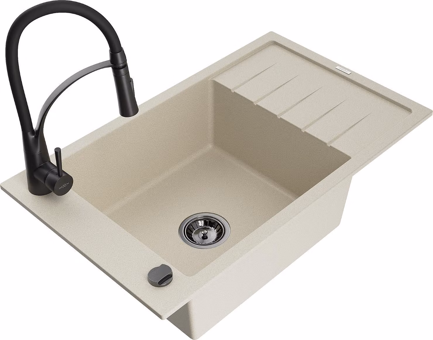 Mexen Elias lavello in granito 1-vasca con sgocciolatoio e rubinetto da cucina Aster, beige - 6511-69-73450-70-B