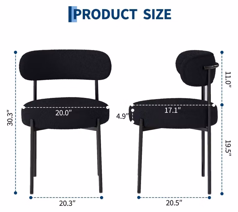 Sedia da pranzo imbottita - Sedia moderna senza braccioli - Tessuto in chenille - Seduta imbottita - Struttura in metallo - 51 x 51 x 76 cm - Nero
