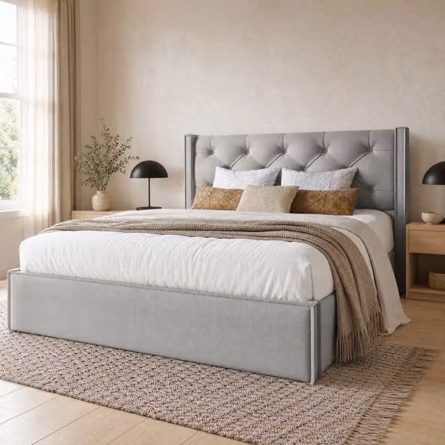 Letto matrimoniale imbottito con contenitore idraulico 140x200 cm; in cotone; grigio chiaro