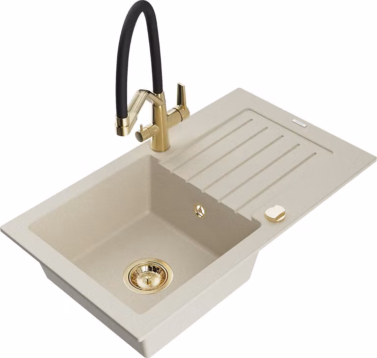 Mexen Pablo lavello in granito a 1 vasca con sgocciolatoio e miscelatore da cucina Duo, beige - 6510-69-671701-57-G
