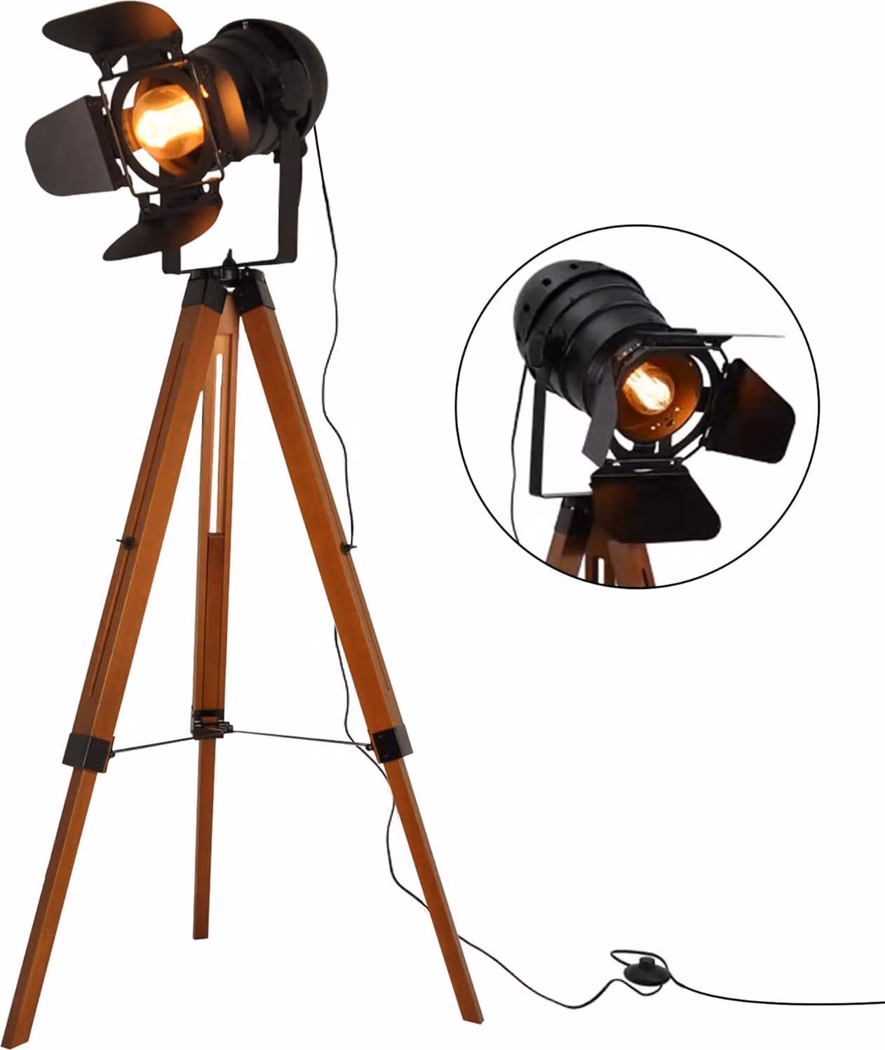 Lampada da terra con supporto cinematografico in legno con faretto nero regolabile. Stile retrò industriale nautico per soggiorno/studio, E27