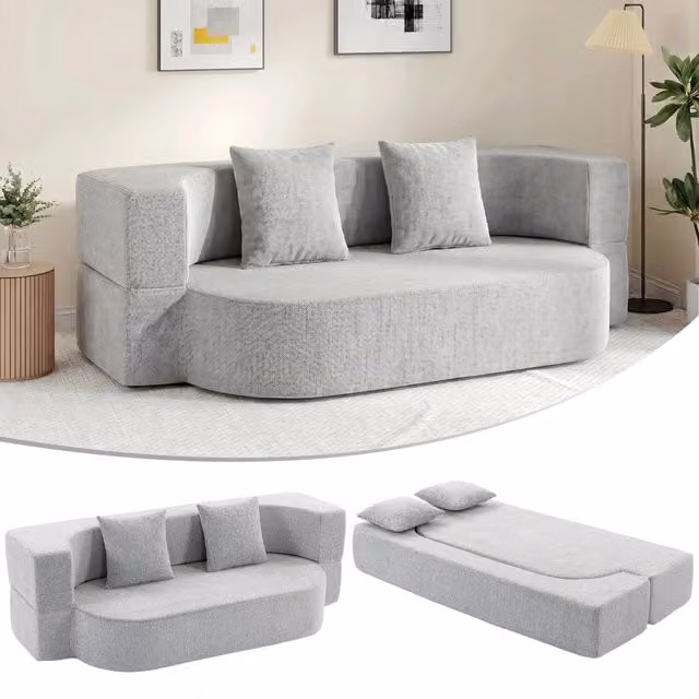 Divano Letto 2 Posti 2 in 1 Salvaspazio in Ciniglia Grigio Chiaro con 2 Cuscini Sfoderabili e Schienale Ribaltabile per Casa e Soggiorno
