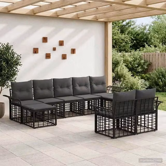Set di divani da esterno 9 pz Nero e Grigio scuro Poliestere 3437773