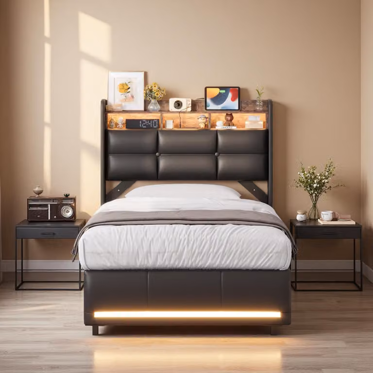 Letto imbottito INONEFT 90x200 con LED e USB, letto a molle con contenitore a sollevamento idraulico, letto per ragazzi con spazio contenitivo, testiera, materiale PU, colore nero