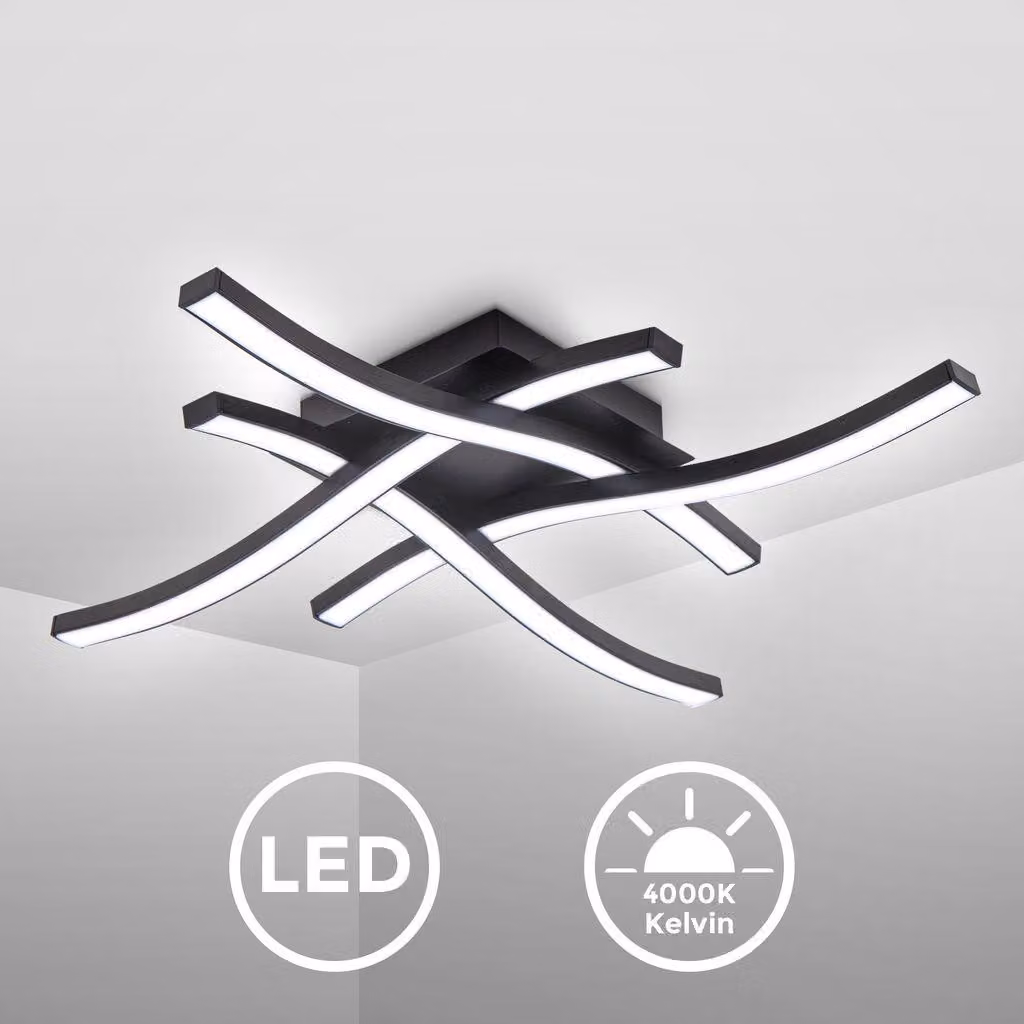 B.K.Licht Plafoniera LED, luce bianca neutra 4000K, LED integrati 20W 2.000Lm, dimensione 42,5x42,5x7cm, lampada da soffitto per salotto o cucina, lampadario in metallo nero 230V IP20