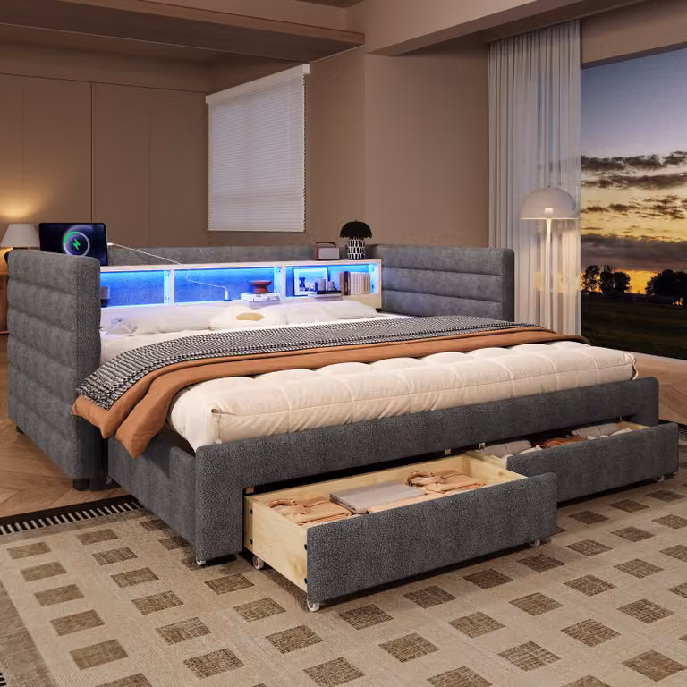 Divano letto Flieks Letto imbottito 90x190cm con led e funzione di ricarica, daybed con 2 cassetti e vani a giorno, velluto, grigio