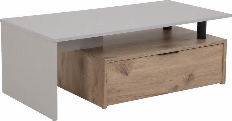 Tavolino Dennis - Finitura grigio chiaro + rovere - ampio cassetto e ripiani - 110x55 cm