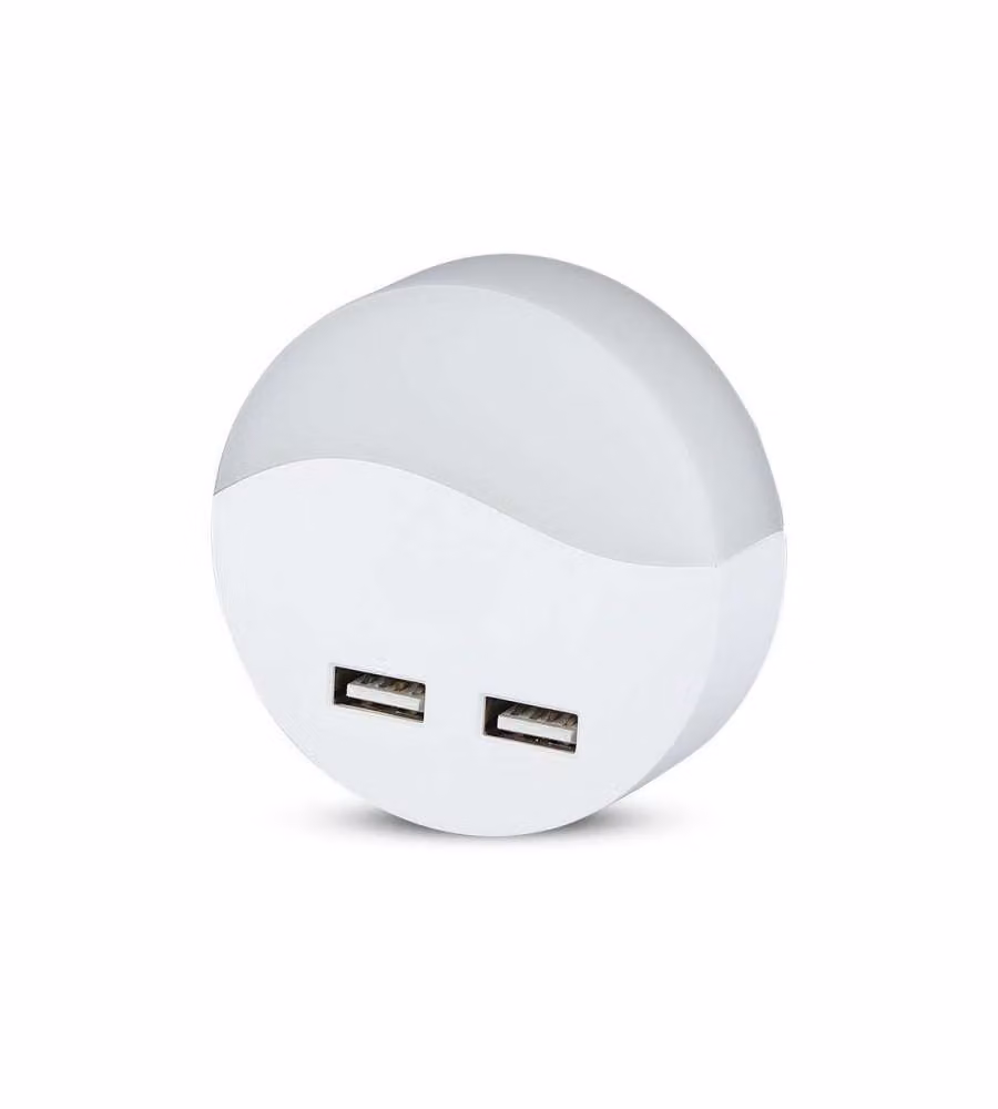 Faretto LED Segnapasso Notturno Rotondo V-TAC Bianco con Sensore Crepuscolare e Alimentazione USB, 0,45W, 3000K, IP20, L: 6 cm, P: 6 cm, H: 5,45 cm