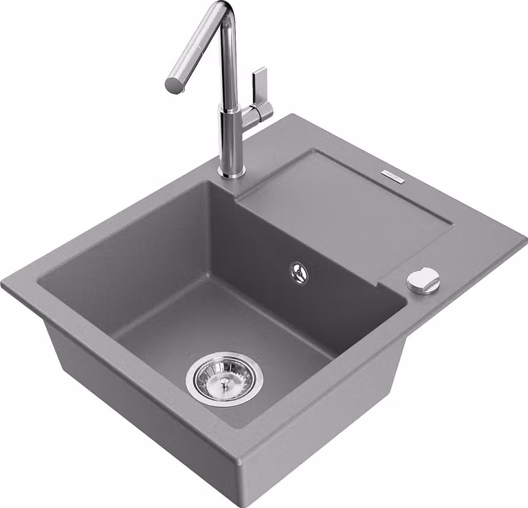 Mexen Enzo lavello in granito a 1 vasca con scolapiatti e rubinetto da cucina Flora, grigio - 6506-71-670401-00