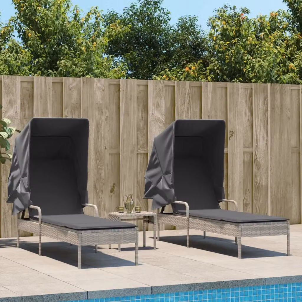 Set di 2 lettini prendisole in polyrattan grigio con baldacchino e tavolino da giardino – 2