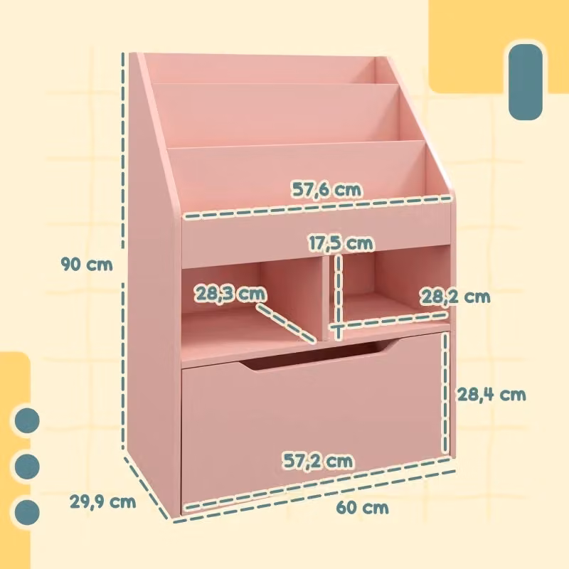 Libreria per bambini WISHDOR rosa con cassetto e vani portaoggetti, L: 30 cm, P: 29,9 cm, H: 90 cm – 2
