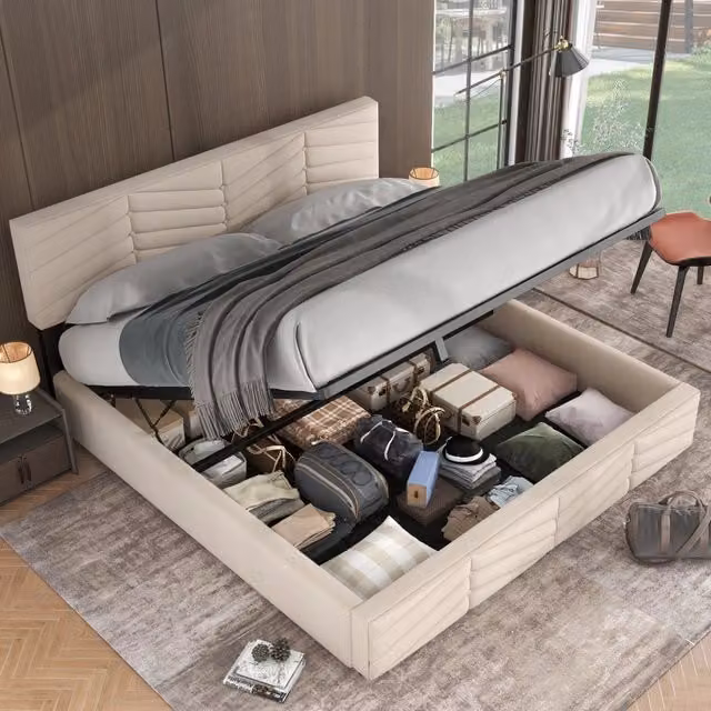 Letto contenitore 160 × 200 cm con sollevamento idraulico testiera regolabile rivestito in velluto beige