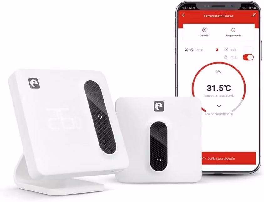 Garza - Termostato Wi-Fi intelligente per caldaie e impianti di riscaldamento, con adattatore, contatore dei consumi, comandi touch, rilevamento finestre aperte, app e comando vocale, Alexa/Google